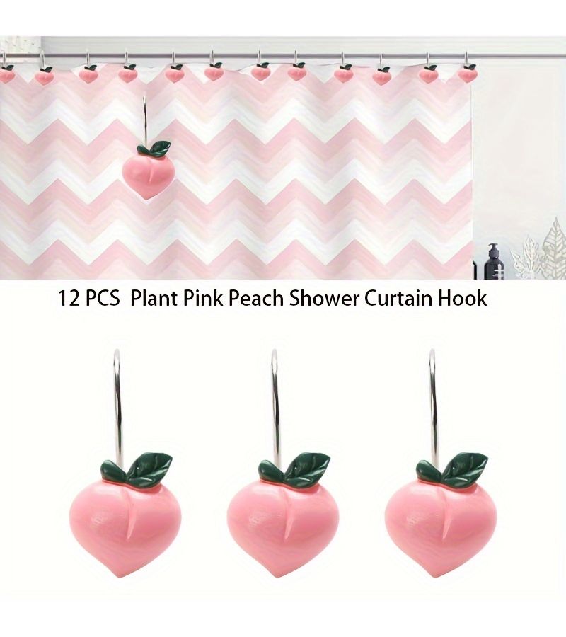 Pink Peach Branch Bathroom Curtain With Hooks 12 Pieces Cute Botanical Fruit Decor - Image 1