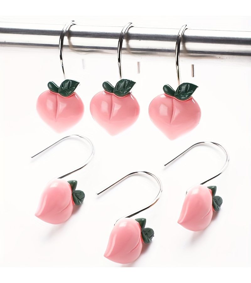 Pink Peach Branch Bathroom Curtain With Hooks 12 Pieces Cute Botanical Fruit Decor - Image 5
