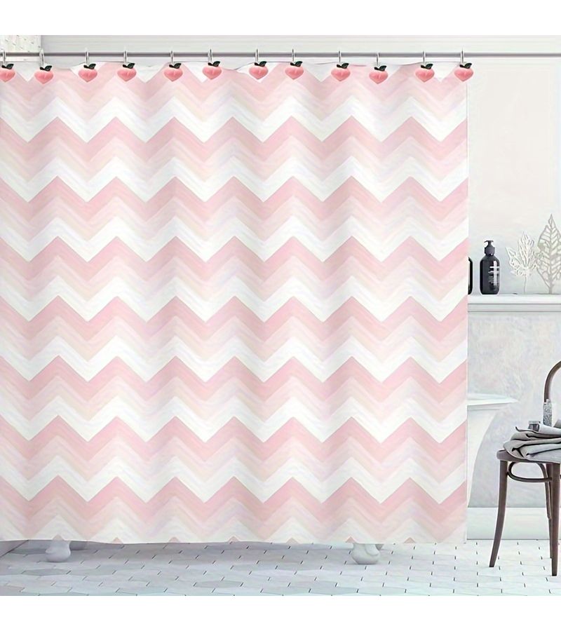 Pink Peach Branch Bathroom Curtain With Hooks 12 Pieces Cute Botanical Fruit Decor - Image 4