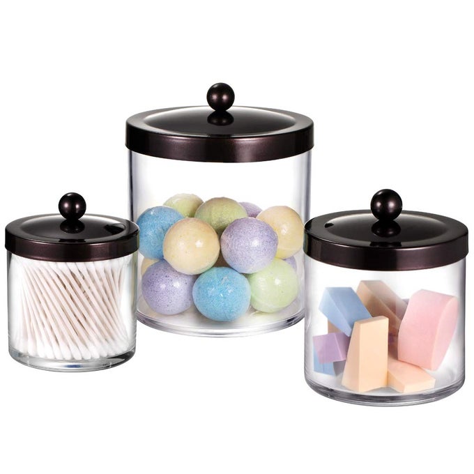 PREMIUM QUALITY APOTHECARY JARS CLEAR PLASTIC STORAGE JARS WITH RUST PROOF STAINLESS STEEL LIDS BATHROOM VANITY COUNTERTOP ORGANIZER CANISTER HOLDER HOUSE DECOR SET OF 3 BRONZE