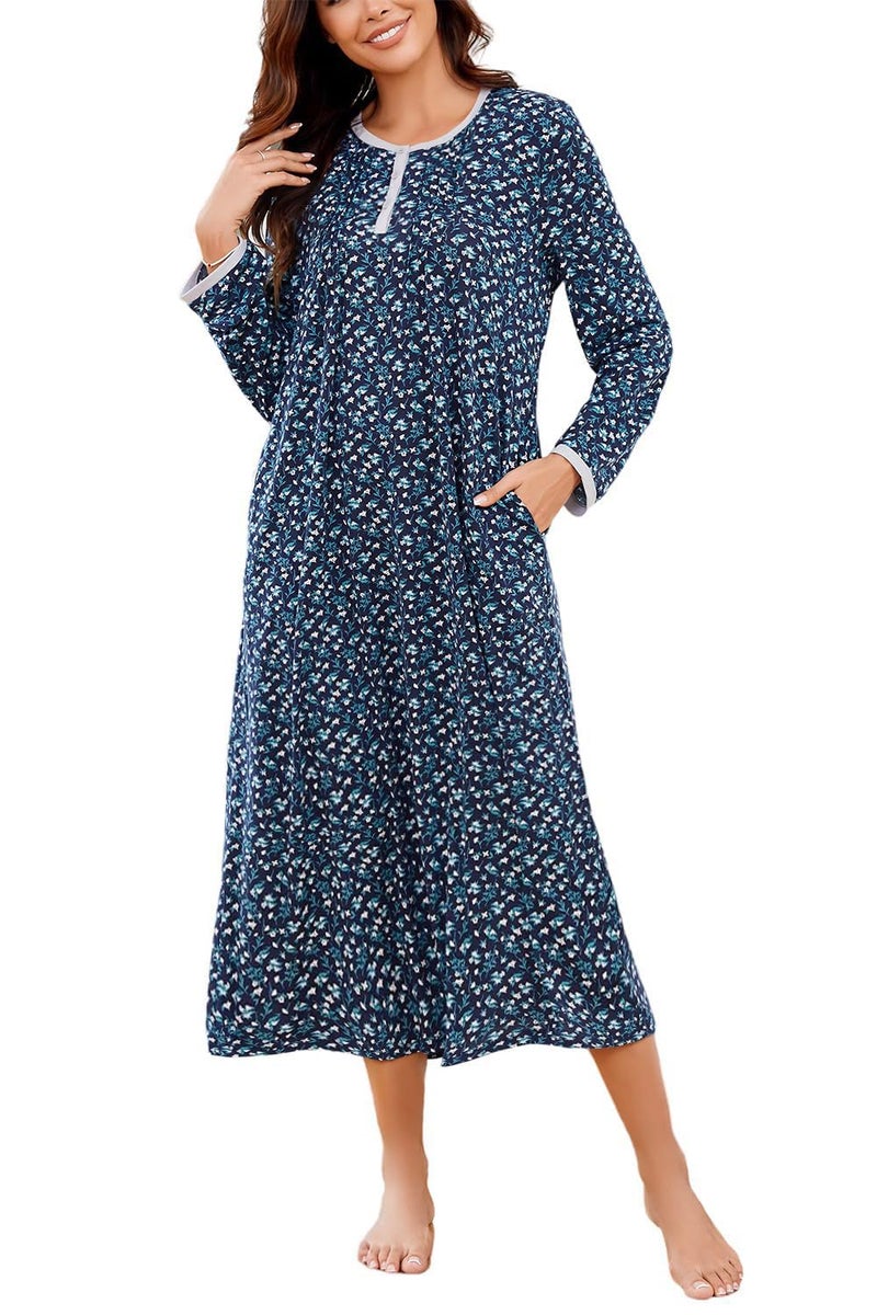 AVIIER Cotton Nightgowns for Women Soft Long Sleeve Night Gown with Pockets Navy flower L - Image 1