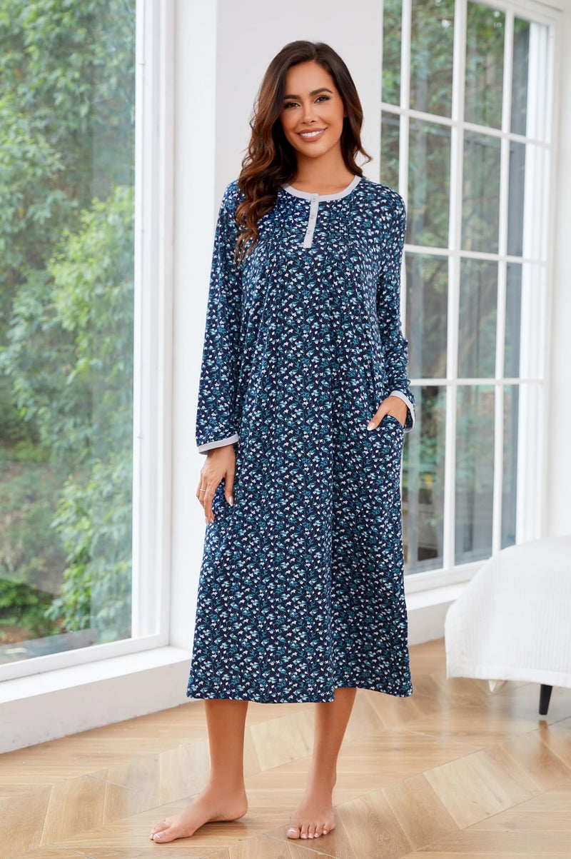 AVIIER Cotton Nightgowns for Women Soft Long Sleeve Night Gown with Pockets Navy flower L - Image 5