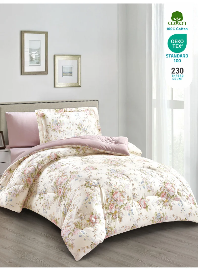 Donetella Cotton 4-Piece Single Comforter Bedding Set Fits 140x200 cm – 350 GSM Filling with Fitted Sheet, Pillow Shams & Pillowcases, Stylish Printed Elegance