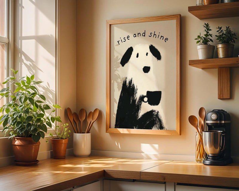 TNESSENTIAL Dog Coffee Print – Rise and Shine Dog Wall Art, Funny Coffee Poster, Kitchen Decor, Minimalist Dog Print, Coffee Shop Wall Art - Image 1