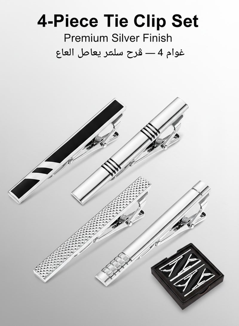 FIORICASA 4-Pack Tie Clips for Men, 60mm Copper Tie Bars, Elegant Silver Design with Gift Box - Image 1