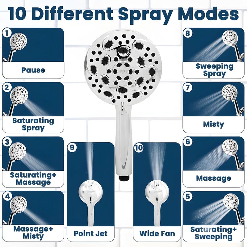 PJET 10 Mode Handheld Filter Shower Head Pressure Hand Shower With 15 Meter Flexible Tube And Wall Hook 10 Different Spray Modes Mist Rain Massage Hand Shower Filter With Water SoftnerChrome - Image 2