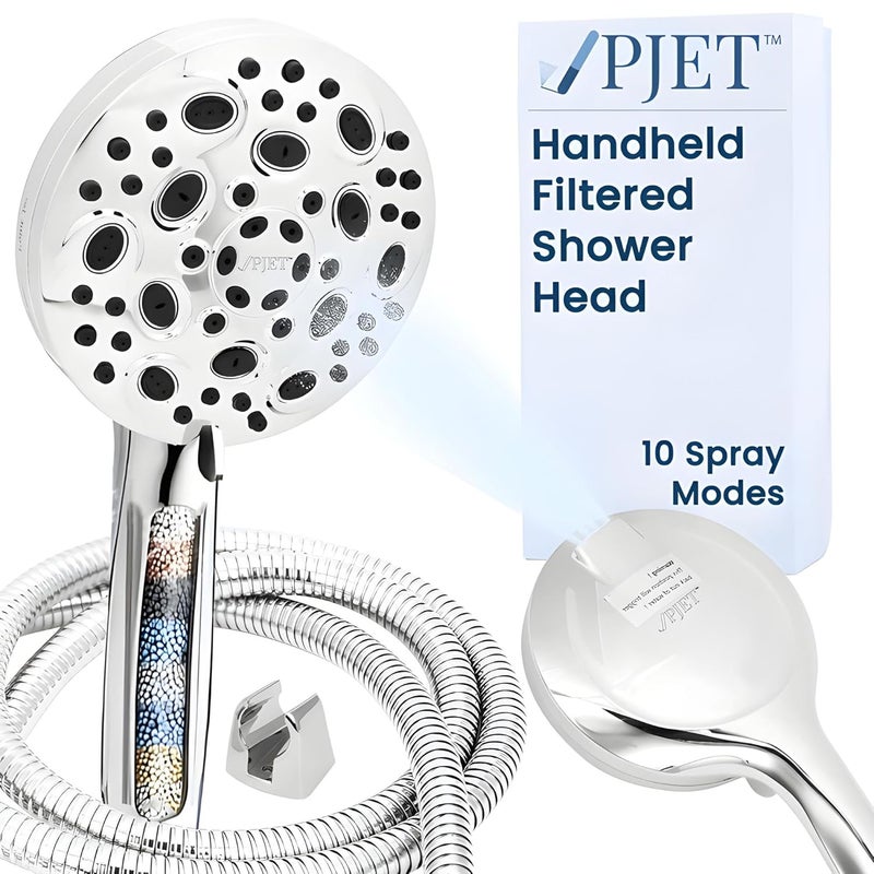 PJET 10 Mode Handheld Filter Shower Head Pressure Hand Shower With 15 Meter Flexible Tube And Wall Hook 10 Different Spray Modes Mist Rain Massage Hand Shower Filter With Water SoftnerChrome - Image 1