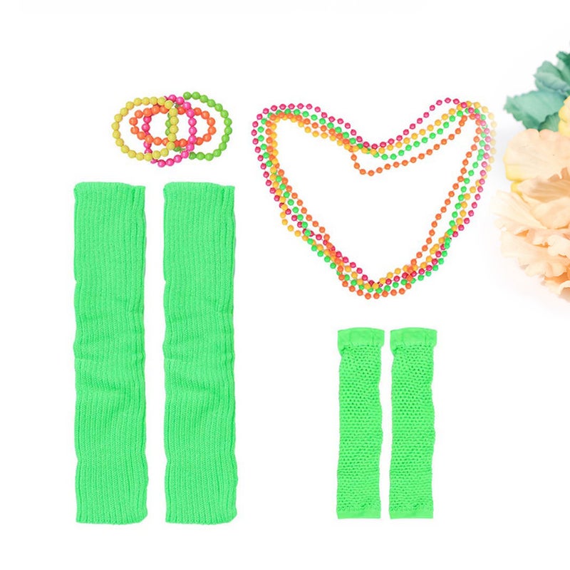 80's Neon Necklace Bracelets Fingerless Fishnet Gloves Leg Sleeves for 80's Party (Light Green) - Image 4