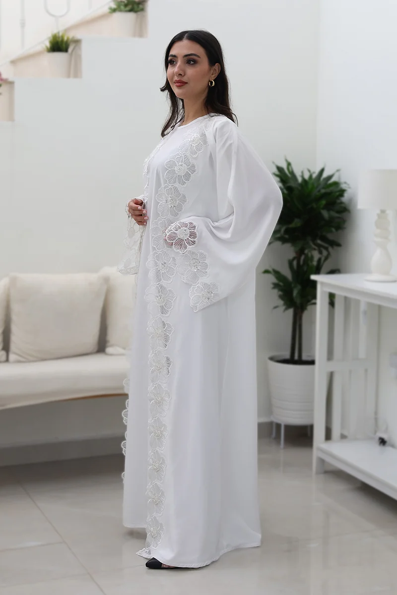 النخبة White Floral Abaya-Comes with matching inner-2P743