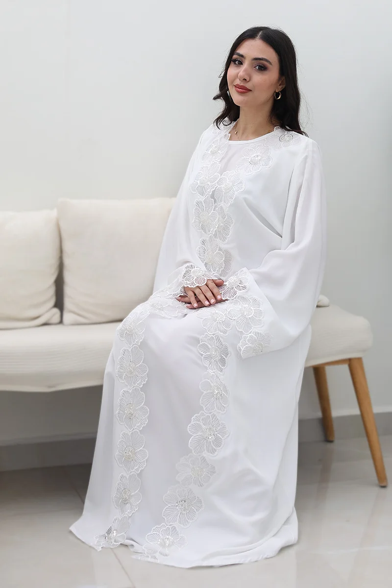النخبة White Floral Abaya-Comes with matching inner-2P743