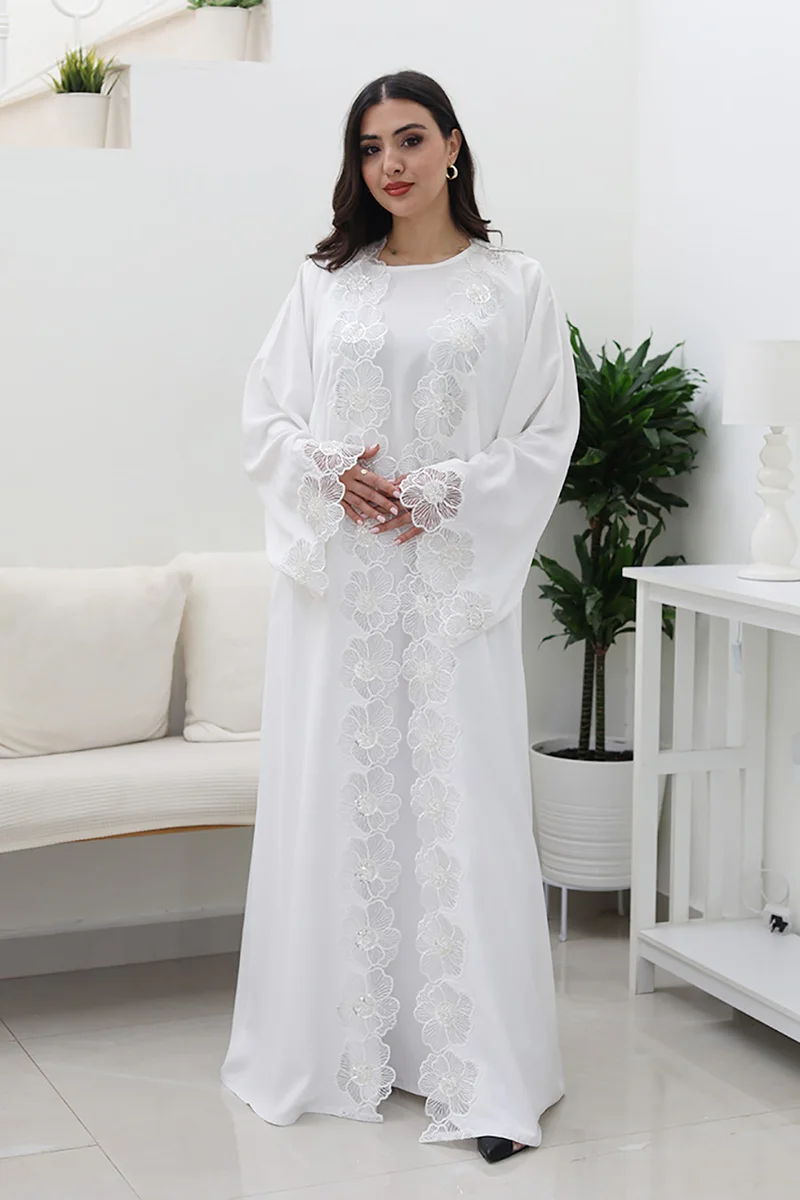 النخبة White Floral Abaya-Comes with matching inner-2P743