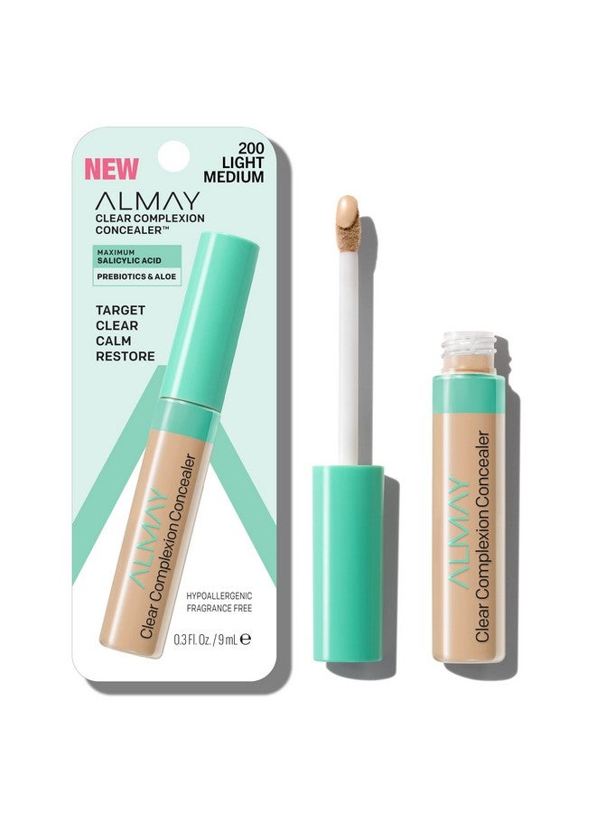 Almay علاج بقع حب الشباب والشوائب بمكياج خافي العيوب بتركيبة حمض الساليسيليك خفيف الوزن، تغطية كاملة، مضاد للحساسية، خالي من العطور، للبشرة الحساسة، 200 فاتح؛ متوسط، 0.3 أونصة سائلة. - Image 1