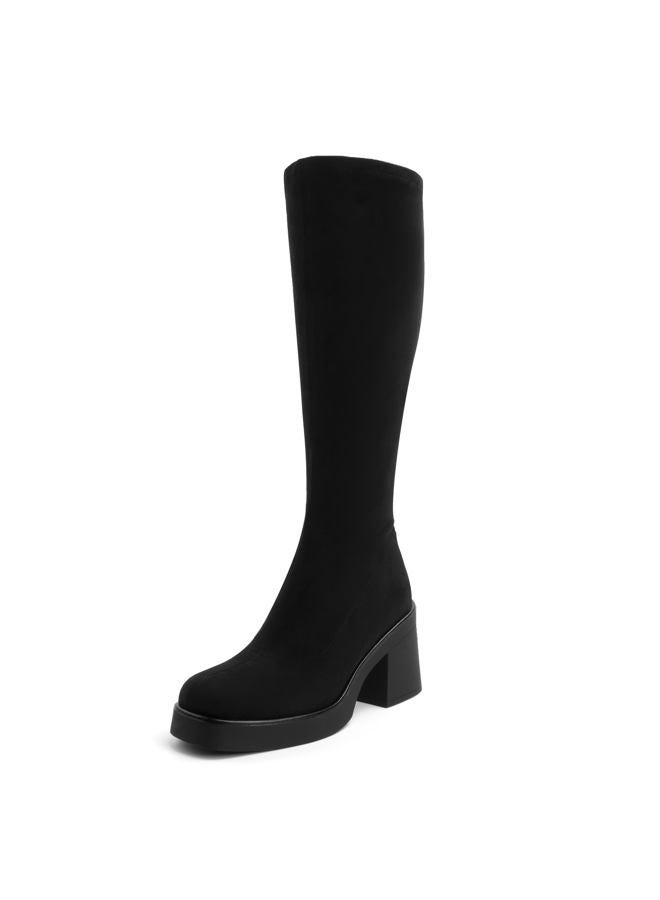 AprCoco Knee High Boots for Women GoGo Boots Platform Square Toe Womens Chunky Heel Side Zipper Boot, Suede Black, 7 - Image 1