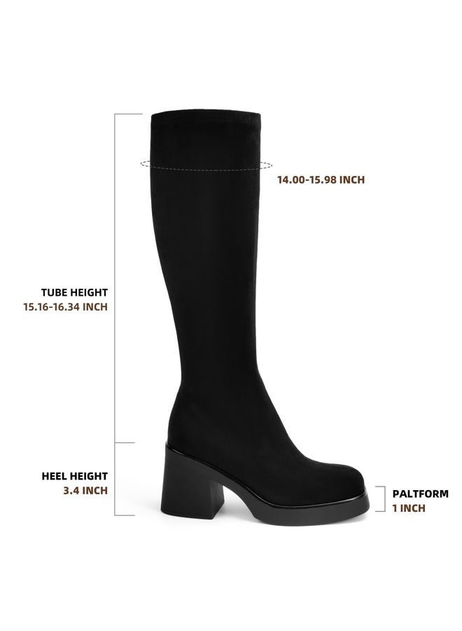 AprCoco Knee High Boots for Women GoGo Boots Platform Square Toe Womens Chunky Heel Side Zipper Boot, Suede Black, 7 - Image 3