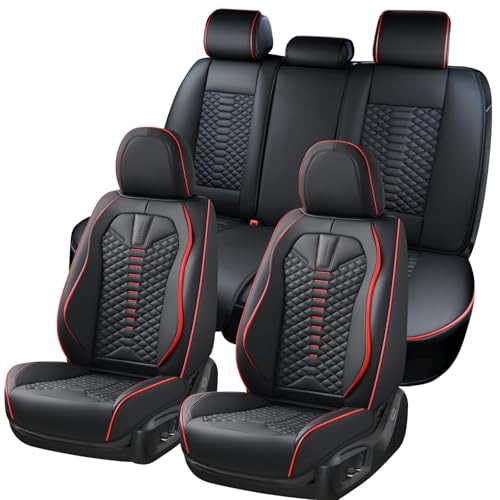 Coverado Seat Covers Full Set, Waterproof Nappa Leather Seat Covers for Cars, 5 Seats Universal Car Seat Protectors, Black Car Seat Covers Car Seat Cushions Fit for Most Cars (Black&Red) - Image 2