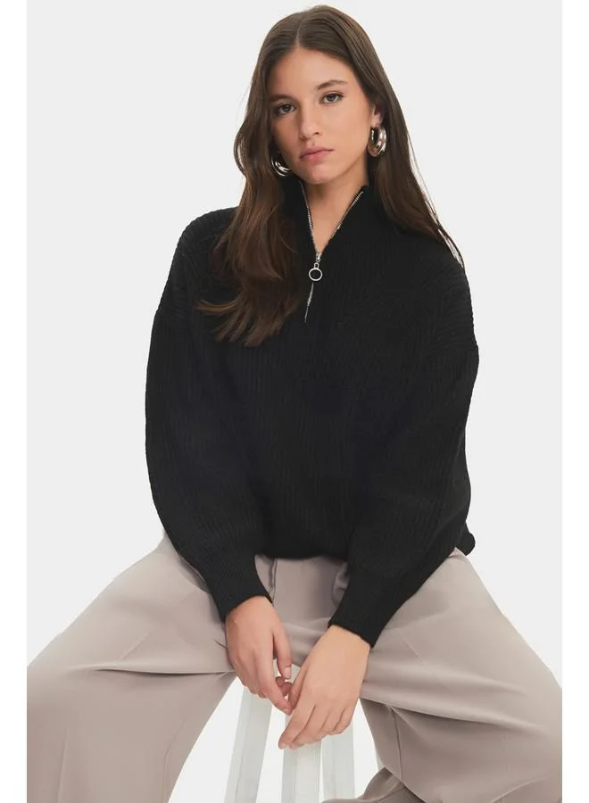 JUNE June Women Soft Texture Zippered Knitwear Sweater Black