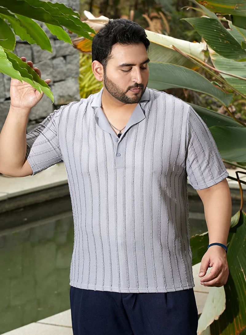 انستافاب بلس Instafab Plus Men's Coin Grey Wicker-Tactile Polo T-Shirt For Casual Wear | Polo Neck | Short Cuffed Sleeves | Half-Button Closure | Plus Size T-Shirt Crafted With Comfort Fit For Everyday Wear
