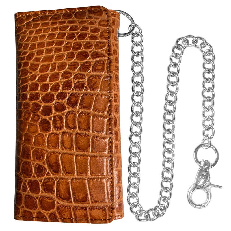 IBRO Motorcycle Chain Wallet for Men â€“ Premium Cowhide Leather, RFID Tri-Fold Biker Wallet with Heavy Duty Chain for Bikers Truckers & Hunters, Credit Card Money Organizer Long Wallet Crocodile Brown - Image 1