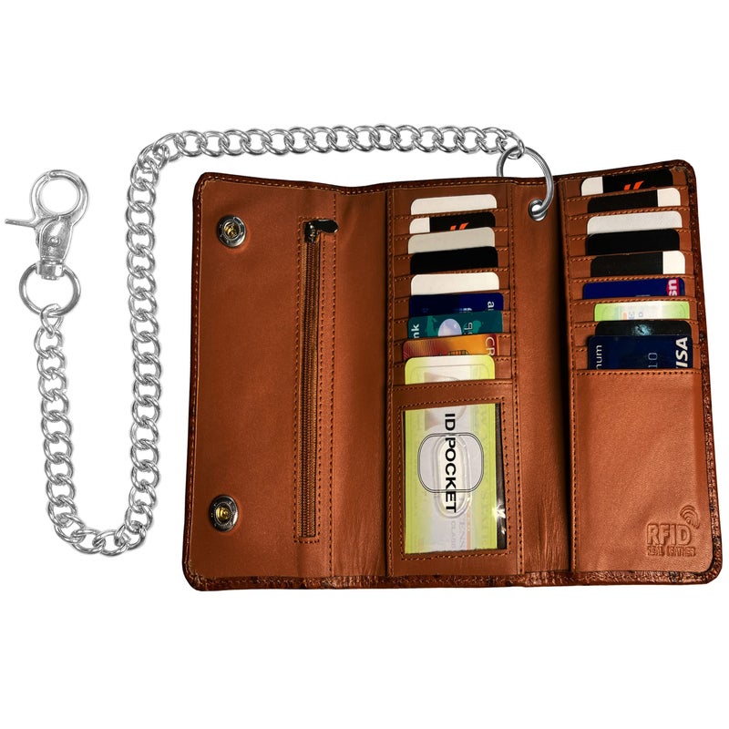 IBRO Motorcycle Chain Wallet for Men â€“ Premium Cowhide Leather, RFID Tri-Fold Biker Wallet with Heavy Duty Chain for Bikers Truckers & Hunters, Credit Card Money Organizer Long Wallet Crocodile Brown - Image 2