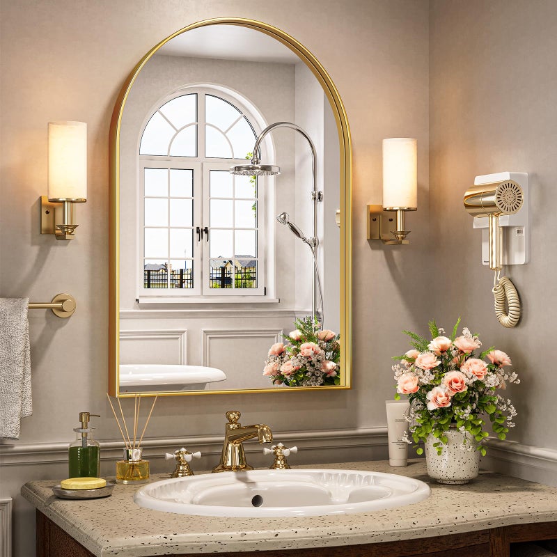 Brightify Arched Mirror, Arched Wall Mirror, 20 x 30 Inch Gold Arch Mirror, Metal Frame Gold Bathroom Mirror, Arched Top Bathroom Vanity Mirror for Living Room Bedroom Mantel Entryway Hallways - Image 1