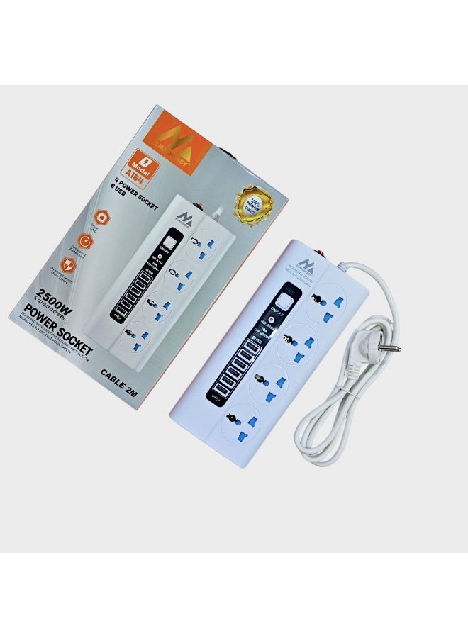 A164 4-Socket Power Strip with 6 USB & Fuse Protection – Multi-Device Charging & Power