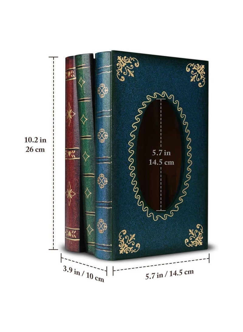 Crafted Classical Retro Wooden Antique Book Tissue Box Cover Rectangular Holder Dispenser Paper Case Napkin Home Decor for Bathroom Living Room Office car Kitchen (Dark Green)