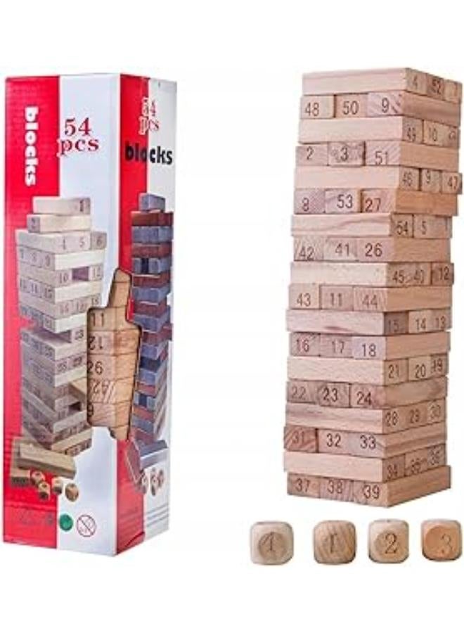 54 قطعة من الكتل الخشبية مع 4 قطع من الكتل الخشبية الصلبة، لعبة برج التكديس للأطفال بعمر 4 سنوات فما فوق، لاعب واحد أو أكثر