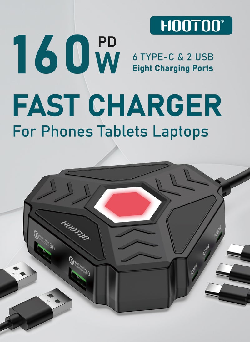 هوتو محطة شحن بقوة 160واط. منصة شحن ب ثمانية مخارج شحن (6*شاحن تايب سي+ 2*شاحن يو اس بي). شاحن سريع بتقنية PD وQC3 لشحن امن وسريع. شاحن جوال ولابتوب بحماية ضد الجهد العالي. فيش جداري تايب سي بسلك تمديد بطول 1 متر. شاحن ايفون،ماك بوك، ايباد، سامسونج، هواوي شومي هونر، وغيرها العديد من الاجهزة المدعومة. شاحن متعدد المنافذ باللون الأسود - Image 3