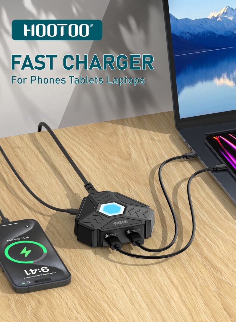 هوتو محطة شحن بقوة 160واط. منصة شحن ب ثمانية مخارج شحن (6*شاحن تايب سي+ 2*شاحن يو اس بي). شاحن سريع بتقنية PD وQC3 لشحن امن وسريع. شاحن جوال ولابتوب بحماية ضد الجهد العالي. فيش جداري تايب سي بسلك تمديد بطول 1 متر. شاحن ايفون،ماك بوك، ايباد، سامسونج، هواوي شومي هونر، وغيرها العديد من الاجهزة المدعومة. شاحن متعدد المنافذ باللون الأسود - Image 2