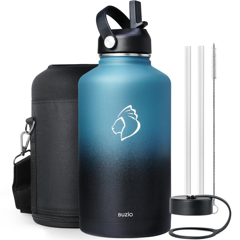 BUZIO Insulated Water Bottle with Straw Lid and Flex Cap  64oz Double Wall Vacuum Stainless Steel Water Thermo Wide Mouth Lid  Cold for 48 Hrs Or Hot for 24 Hrs Sweat Proof Flask  Indigo Crush - Image 1