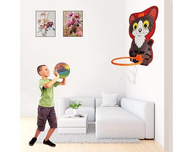 JERICOS Small Basket Ball Kit Set with Ring for Kids, Playing Indoor Outdoor Basket Ball, Hanging Board with Net & Ball (Animal Face Printed), Multi Color - Image 2