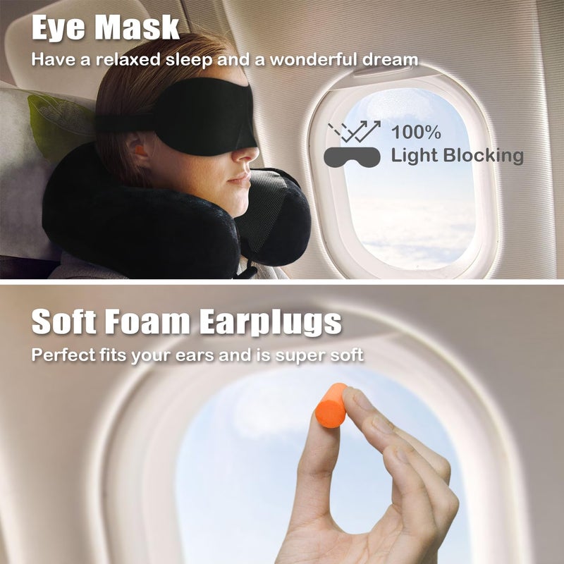 Elvodosia Travel Pillow, Memory Foam Neck Pillow for Traveling, U Shape Neck Pillow Airplane Portable Flight Pillow Travel Kit with 3D Contoured Eye Masks and Earplug for Plane Train Car Home Office - Black - Image 2