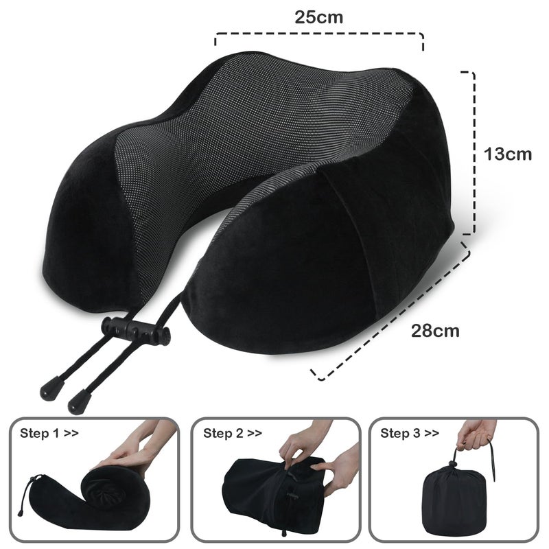Elvodosia Travel Pillow, Memory Foam Neck Pillow for Traveling, U Shape Neck Pillow Airplane Portable Flight Pillow Travel Kit with 3D Contoured Eye Masks and Earplug for Plane Train Car Home Office - Black - Image 5