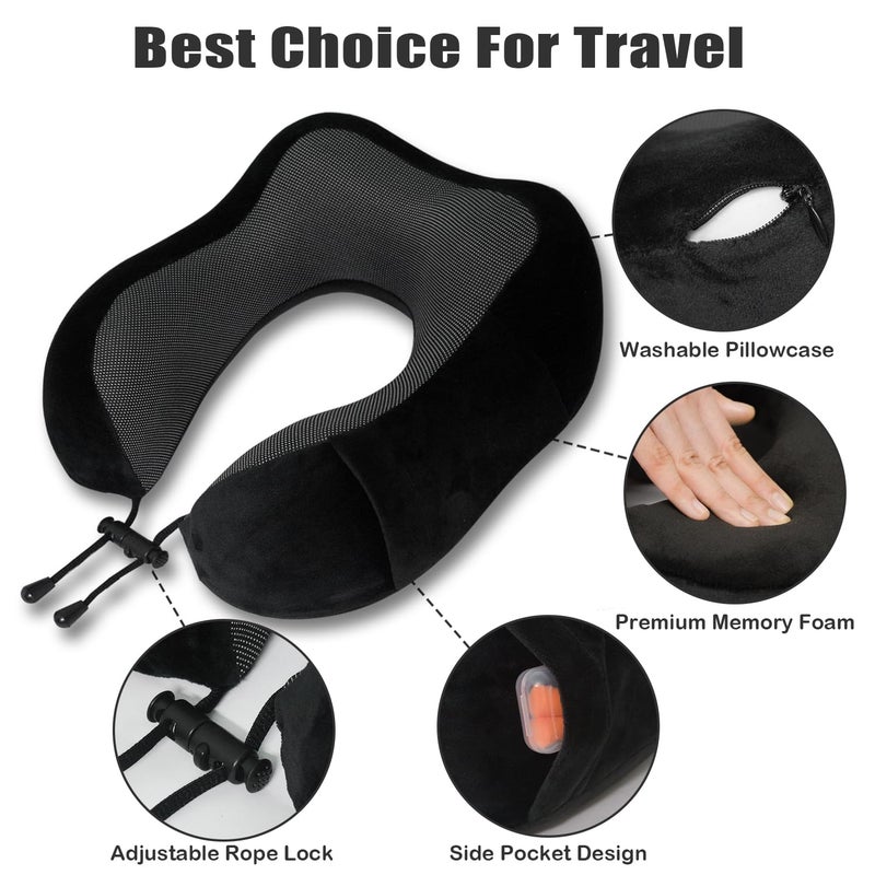 Elvodosia Travel Pillow, Memory Foam Neck Pillow for Traveling, U Shape Neck Pillow Airplane Portable Flight Pillow Travel Kit with 3D Contoured Eye Masks and Earplug for Plane Train Car Home Office - Black - Image 3