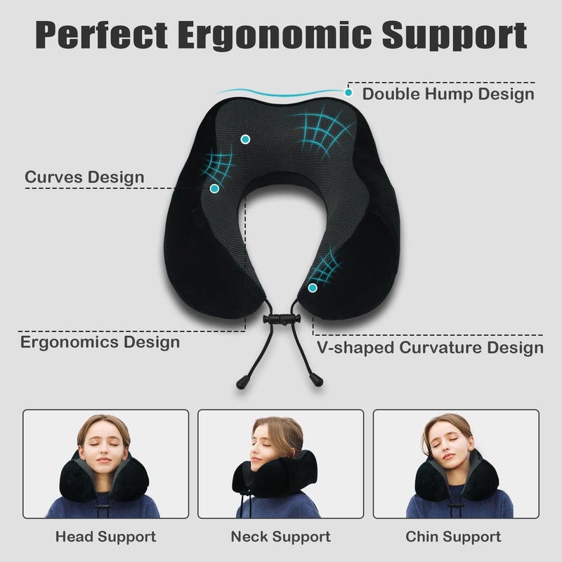 Elvodosia Travel Pillow, Memory Foam Neck Pillow for Traveling, U Shape Neck Pillow Airplane Portable Flight Pillow Travel Kit with 3D Contoured Eye Masks and Earplug for Plane Train Car Home Office - Black - Image 4