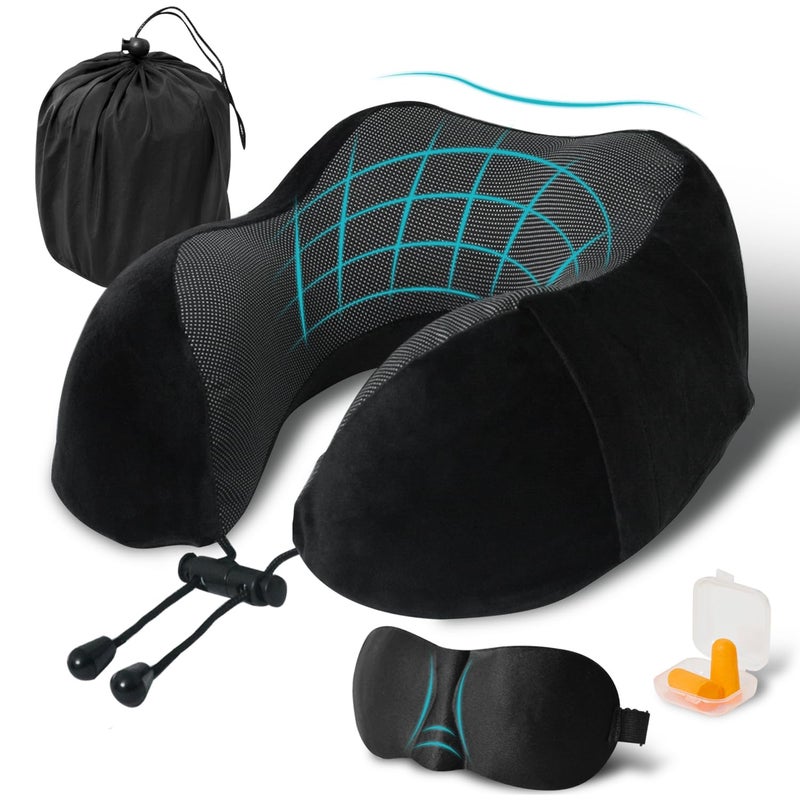 Elvodosia Travel Pillow, Memory Foam Neck Pillow for Traveling, U Shape Neck Pillow Airplane Portable Flight Pillow Travel Kit with 3D Contoured Eye Masks and Earplug for Plane Train Car Home Office - Black - Image 1