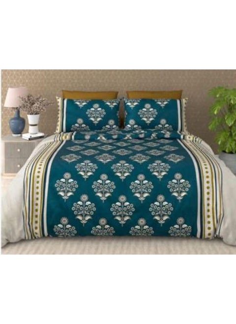 Laying Style Glace Cotton Very Heavy Printed 1 Super King Size Elastic Fitted Bedsheet and 2 Pillow Covers Size108x108x10 Inch Pack of 3
