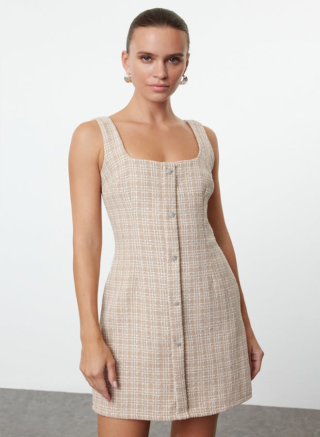 Beige Tweed Woven Short Dress TPRAW25EL00076