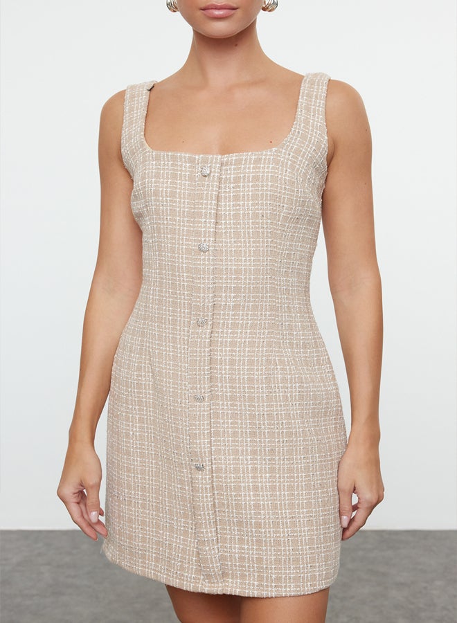 Beige Tweed Woven Short Dress TPRAW25EL00076