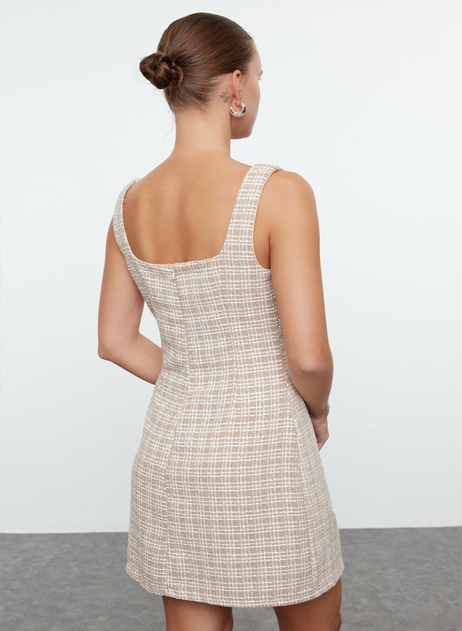 Beige Tweed Woven Short Dress TPRAW25EL00076