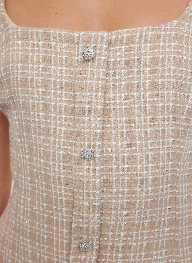 Beige Tweed Woven Short Dress TPRAW25EL00076