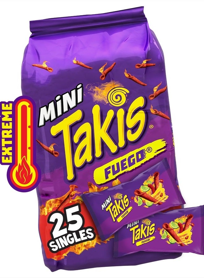 Taki's Fuego Mini 25 pc / 1.23 oz Bite Size Multipack, Hot Chili Pepper & Lime Flavored Extreme Spicy Rolled Tortilla Chips - Image 1
