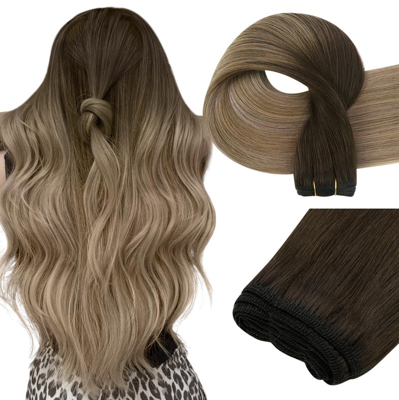 Easyouth Weft Hair Extensions Ombre Remy Human Hair Weft Extensions Dark Brown Ombre To Chestnut Brown Mix Ash Blonde Straight Sew in Real Hair Extension for Women 14 Inch 70G