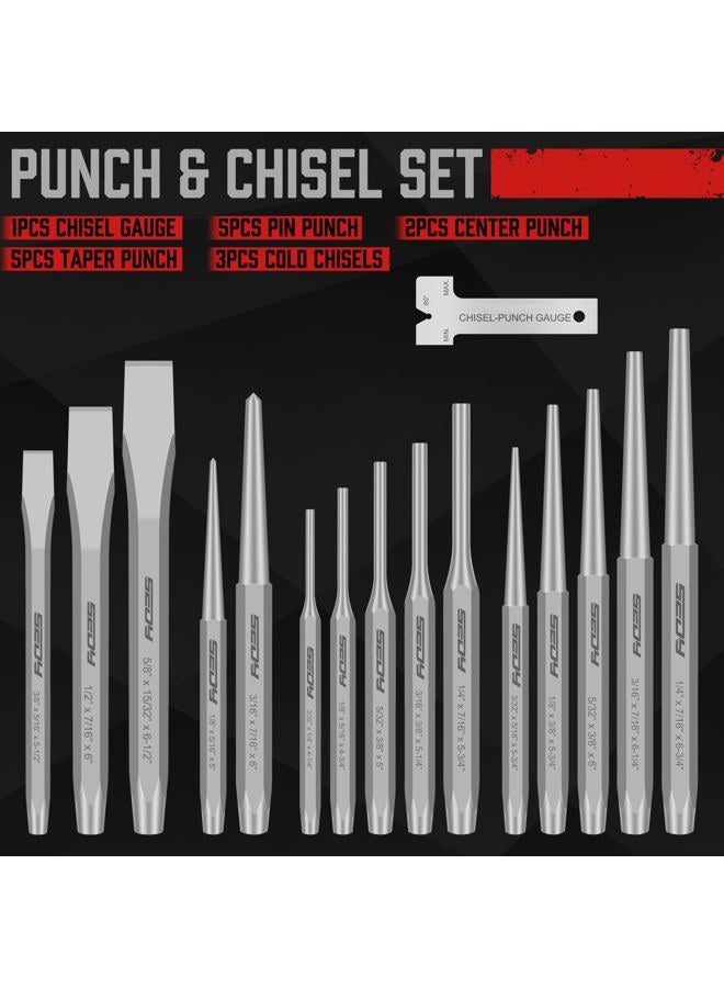 SEDY 16-Piece Precision Punch & Chisel Set - Taper Punch, Pin Punch, Center Punch, Cold Chisels & Gauge for Versatile Applications - Image 2