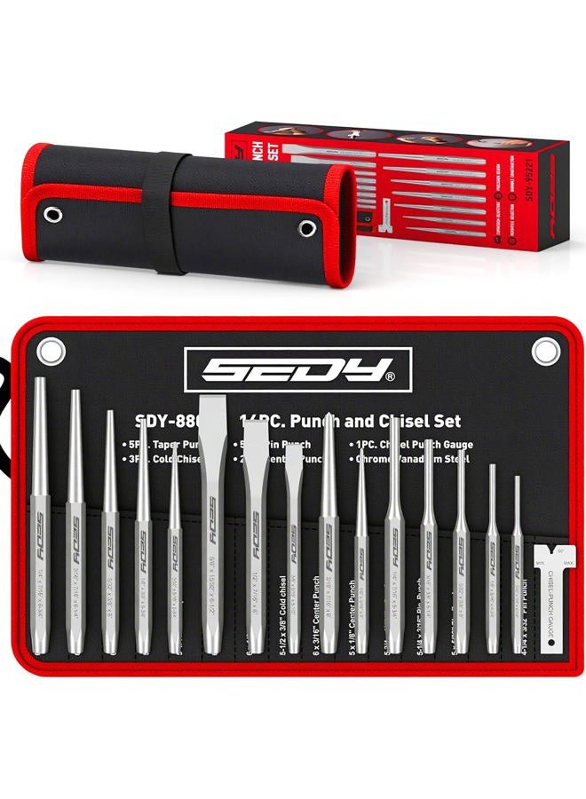 SEDY 16-Piece Precision Punch & Chisel Set - Taper Punch, Pin Punch, Center Punch, Cold Chisels & Gauge for Versatile Applications - Image 1