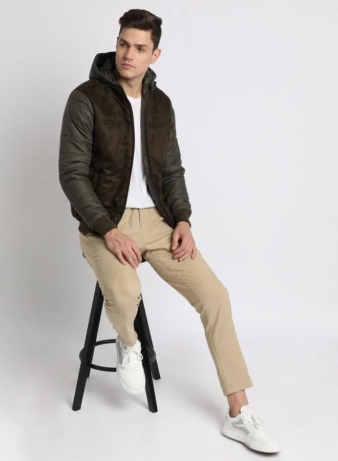 Dennis Lingo Olive Regular Fit Men's Solid Hooded Full Sleeves Polyester Jacket with Zipper Closure