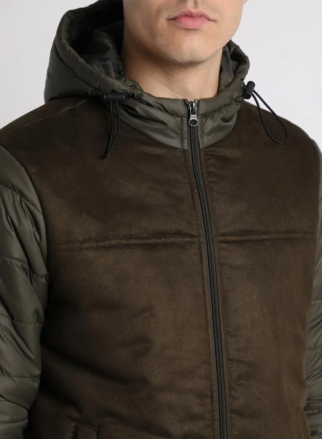 Dennis Lingo Olive Regular Fit Men's Solid Hooded Full Sleeves Polyester Jacket with Zipper Closure