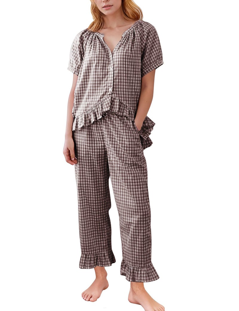 Flygo Womens Plaid 2 Piece Pajamas Sets Gingham Button Down Puff Sleeve Babydoll Shirt Ruffle Pants Y2K Pjs Lounge SetCoffeeXXL - Image 2