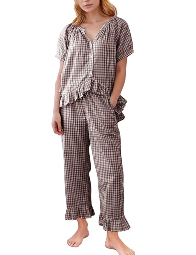Flygo Womens Plaid 2 Piece Pajamas Sets Gingham Button Down Puff Sleeve Babydoll Shirt Ruffle Pants Y2K Pjs Lounge SetCoffeeXXL - Image 1