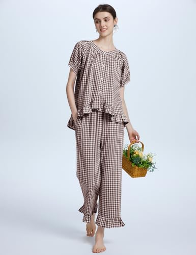 Flygo Womens Plaid 2 Piece Pajamas Sets Gingham Button Down Puff Sleeve Babydoll Shirt Ruffle Pants Y2K Pjs Lounge SetCoffeeXXL - Image 3